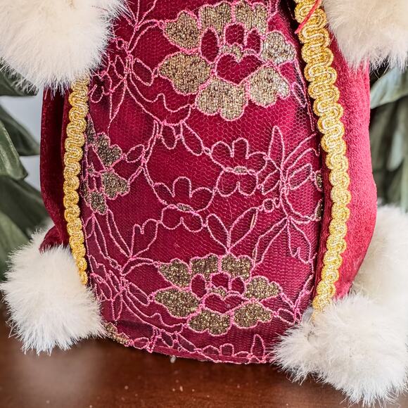 Vintage Burgundy/Gold Santa Claus Tabletop/Treetop Christmas Decor w Garland 16” - Picture 7 of 9